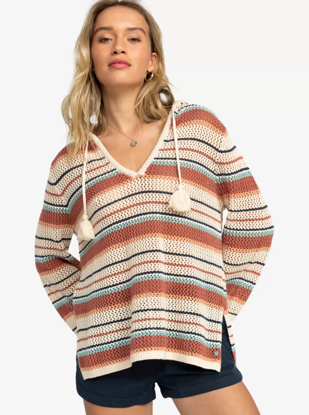 Sweaters | WOMEN ROXY After Beach Break Stripe Poncho Hoodie Tapioca Heart Stripe