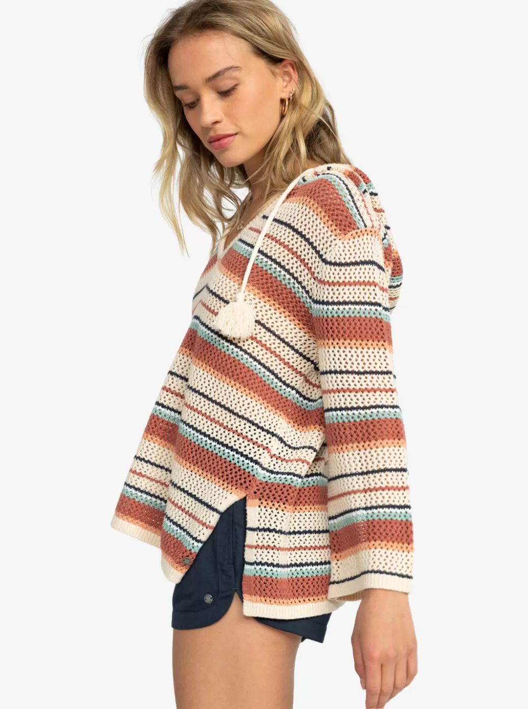 Sweaters | WOMEN ROXY After Beach Break Stripe Poncho Hoodie Tapioca Heart Stripe