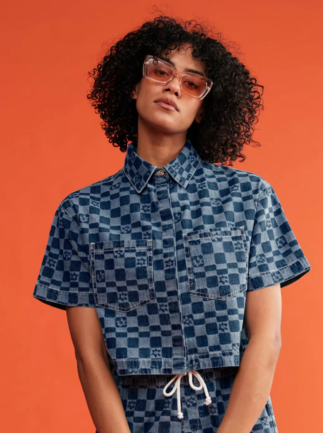 Tops | WOMEN ROXY Blue Wave Club Printed Short Sleeve Denim Shirt Mood Indigo Sol Power