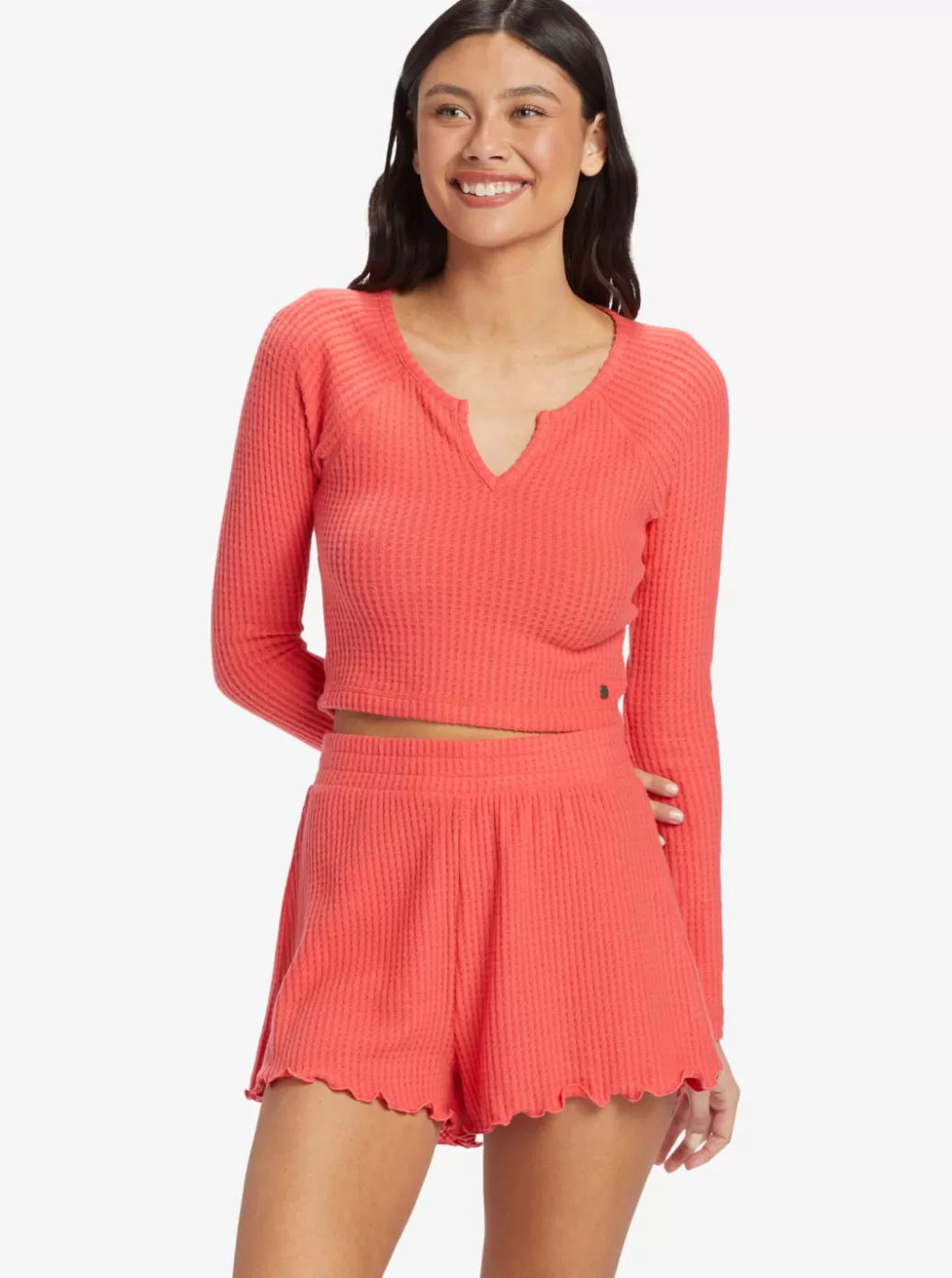 Tops | WOMEN ROXY Cropped Long Sleeve Waffle Top Solid Crew Neck Top Bittersweet
