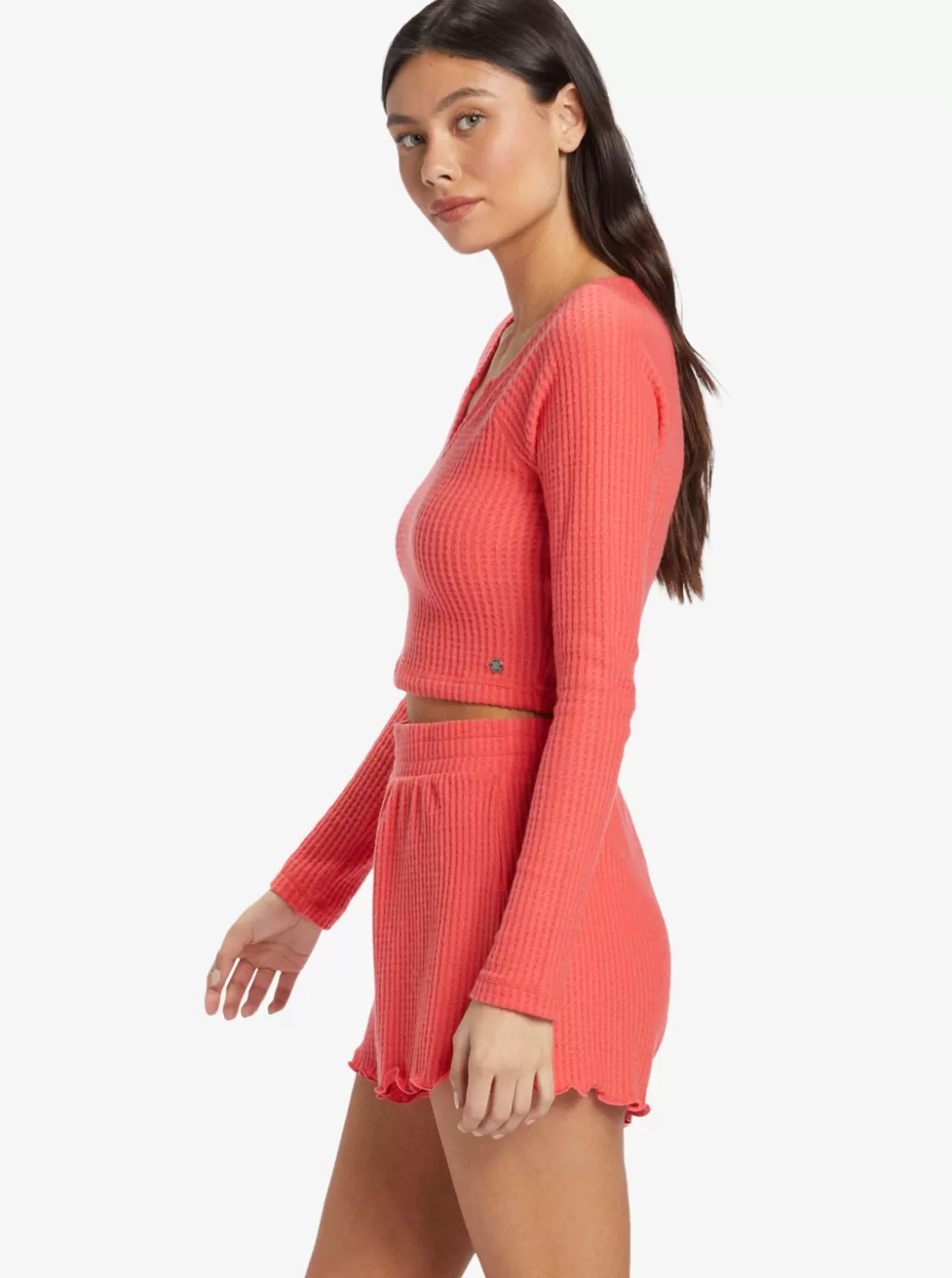 Tops | WOMEN ROXY Cropped Long Sleeve Waffle Top Solid Crew Neck Top Bittersweet