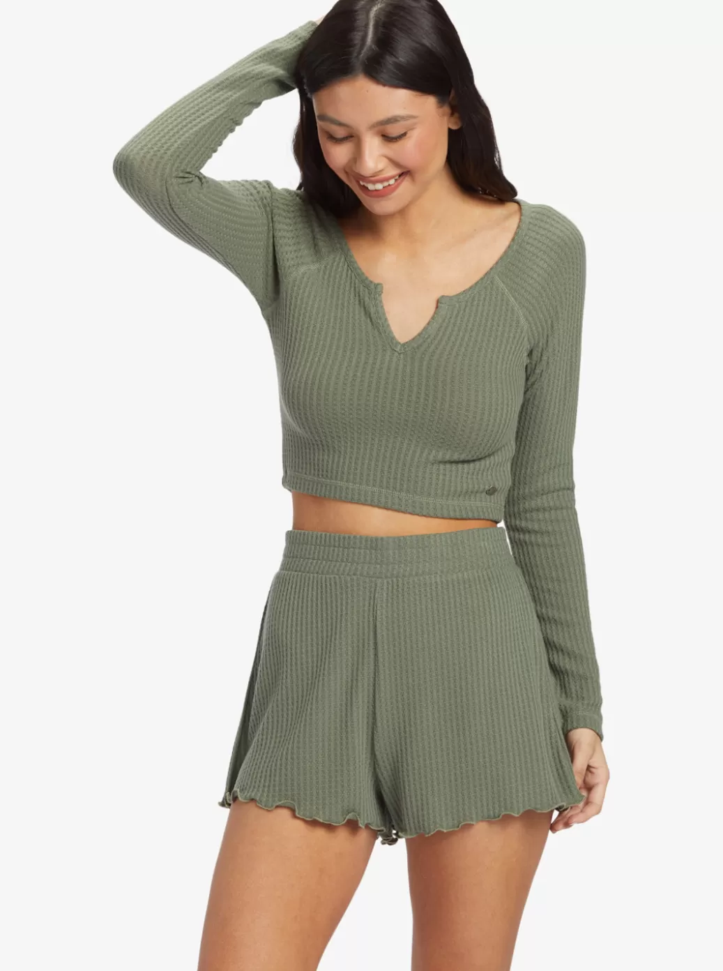 Tops | WOMEN ROXY Cropped Long Sleeve Waffle Top Solid Crew Neck Top Agave Green