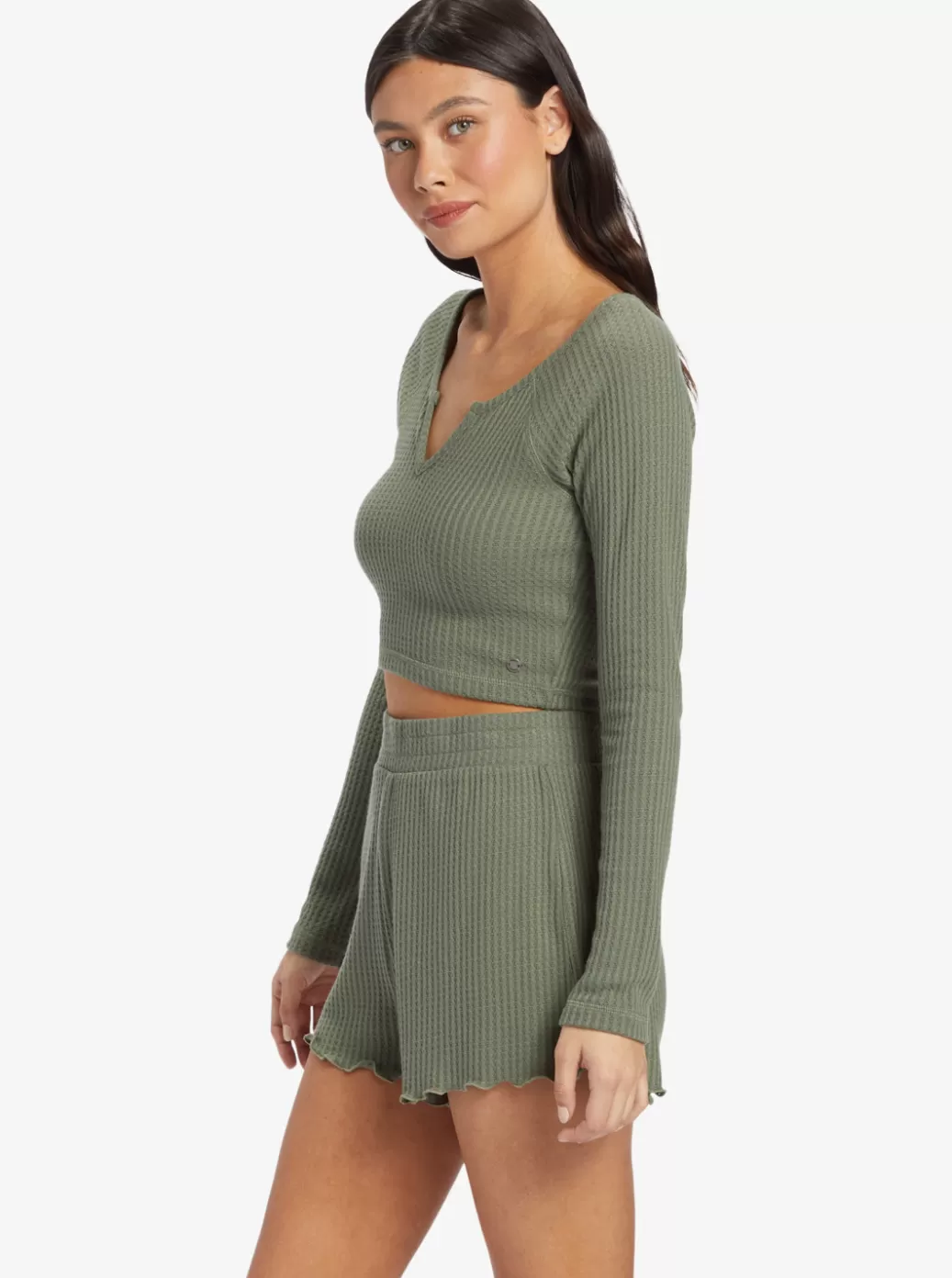 Tops | WOMEN ROXY Cropped Long Sleeve Waffle Top Solid Crew Neck Top Agave Green