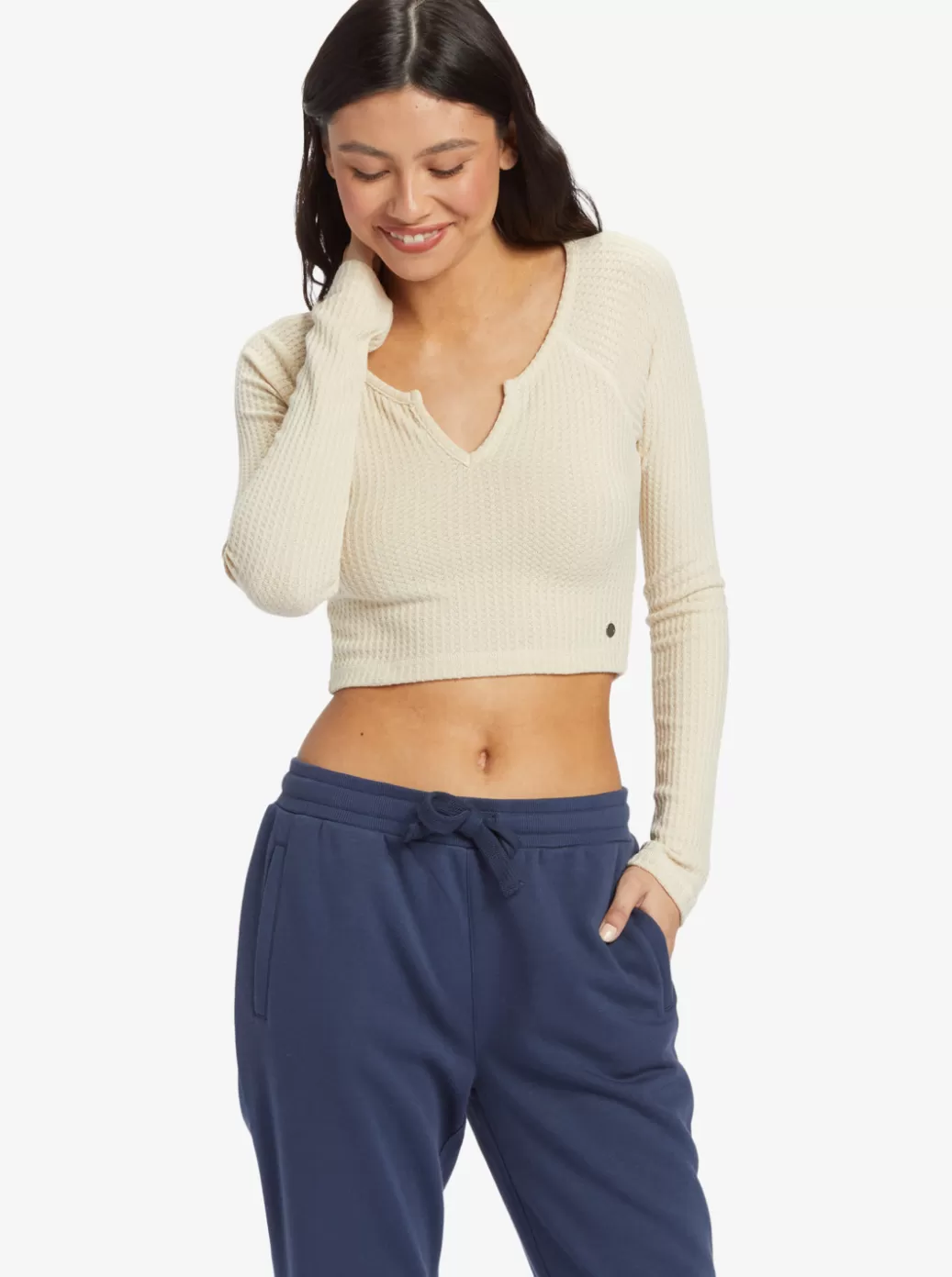 Tops | WOMEN ROXY Cropped Long Sleeve Waffle Top Solid Crew Neck Top Tapioca