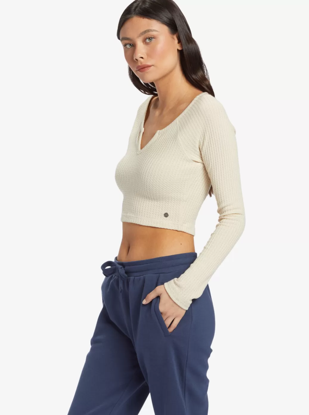 Tops | WOMEN ROXY Cropped Long Sleeve Waffle Top Solid Crew Neck Top Tapioca