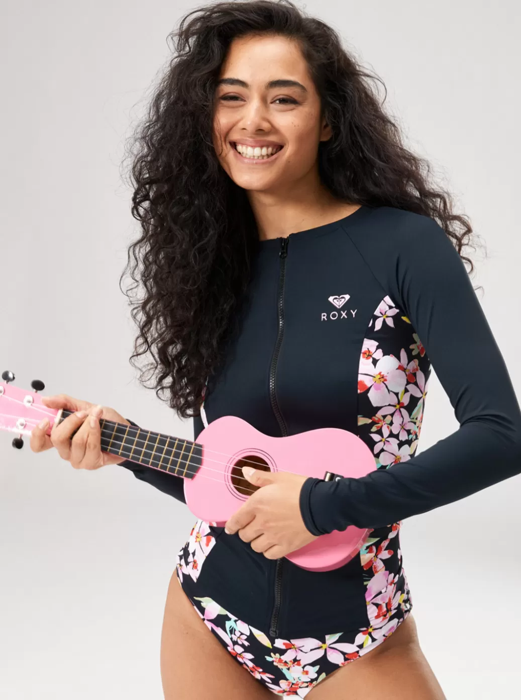 Rashguards | WOMEN ROXY Full Zipped Mix Print Long Sleeve Lycra Surf Tee Anthracite New Life