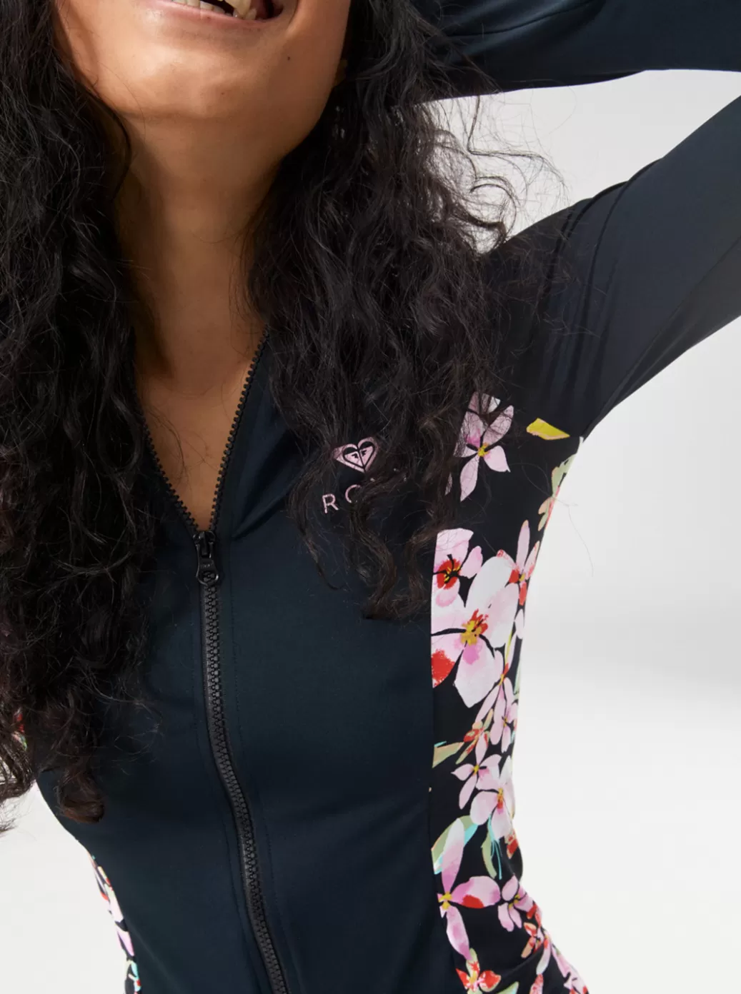 Rashguards | WOMEN ROXY Full Zipped Mix Print Long Sleeve Lycra Surf Tee Anthracite New Life