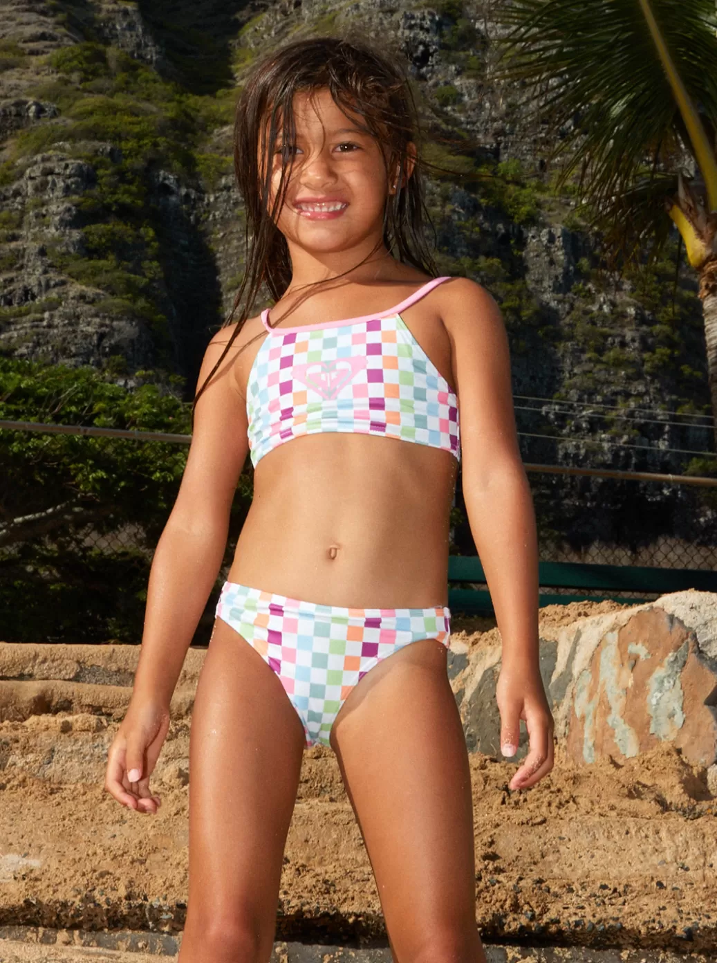Swim | KIDS ROXY Girls' 2-7 Rainbow Check Two Piece Crop Top Bikini Set Bright White Check Check