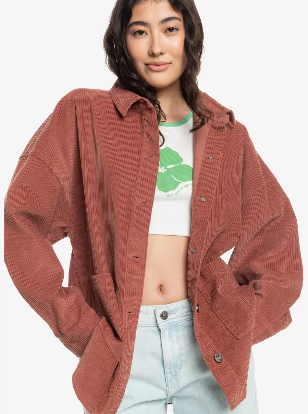 Jackets | Tops | WOMEN ROXY Kick Back Washed Corduroy Long Sleeve Top Cedar Wood