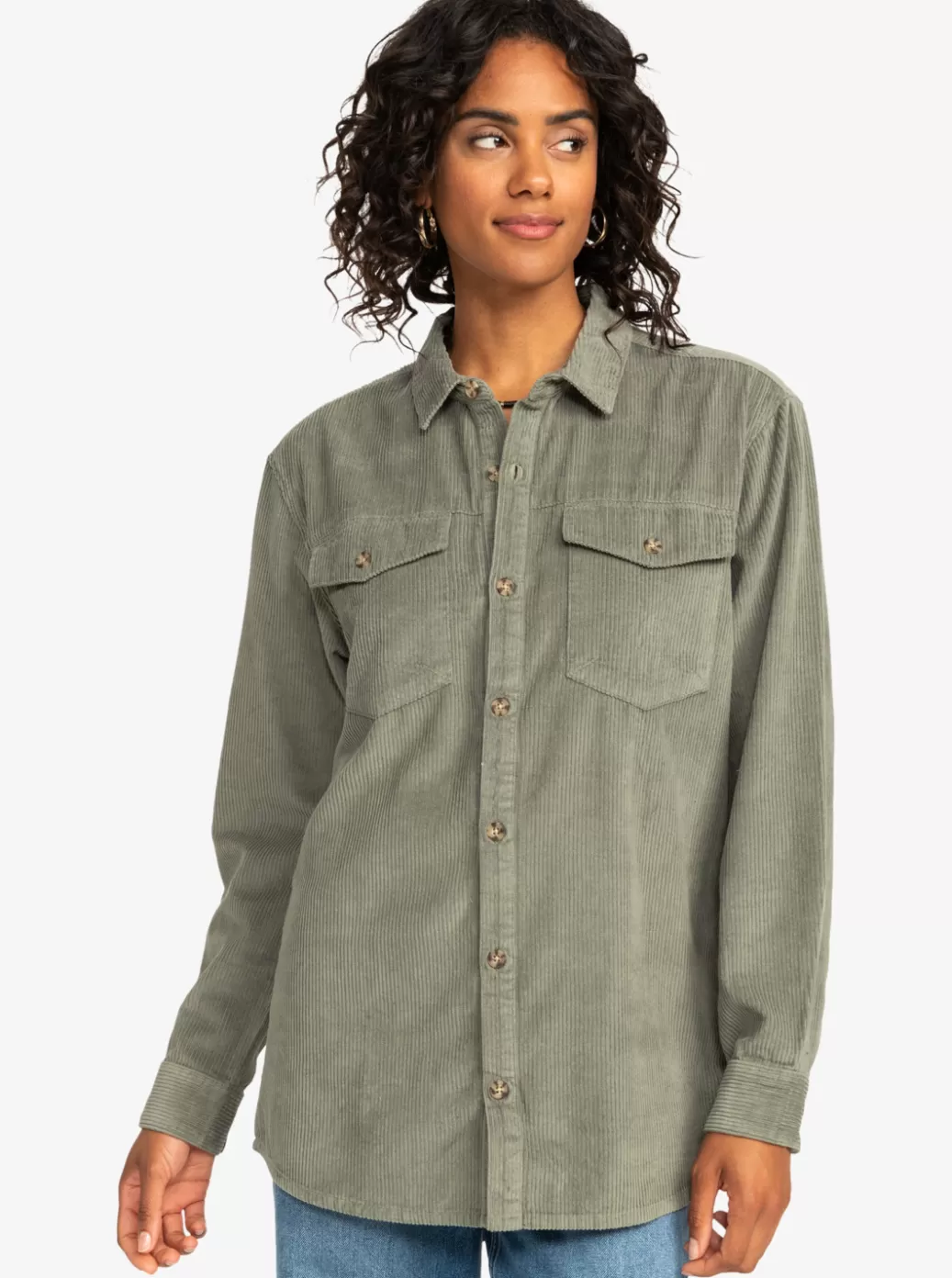 Tops | WOMEN ROXY Let It Go Corduroy Long Sleeve Top Agave Green