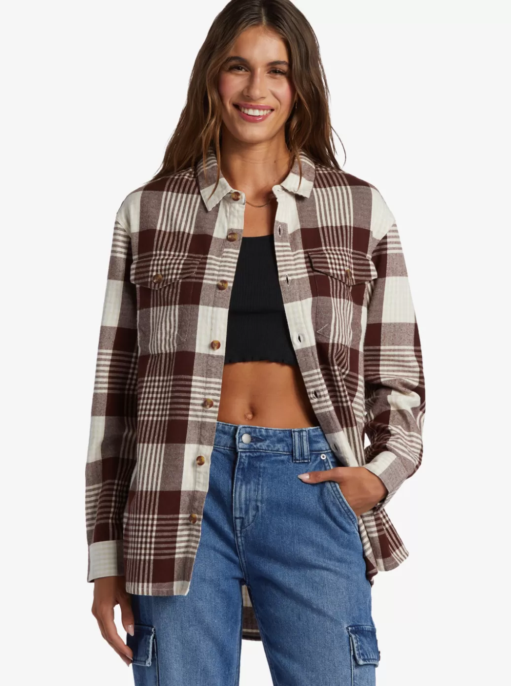 Tees & Tanks | Tops | WOMEN ROXY Let It Go Flannel Long Sleeve Shirt Tapioca Hallo Plaid