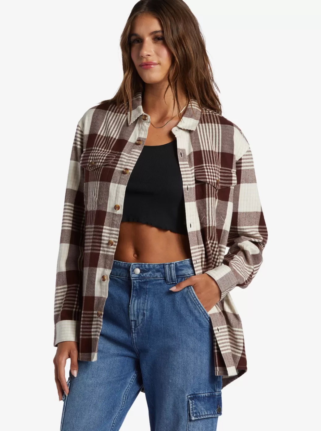 Tees & Tanks | Tops | WOMEN ROXY Let It Go Flannel Long Sleeve Shirt Tapioca Hallo Plaid