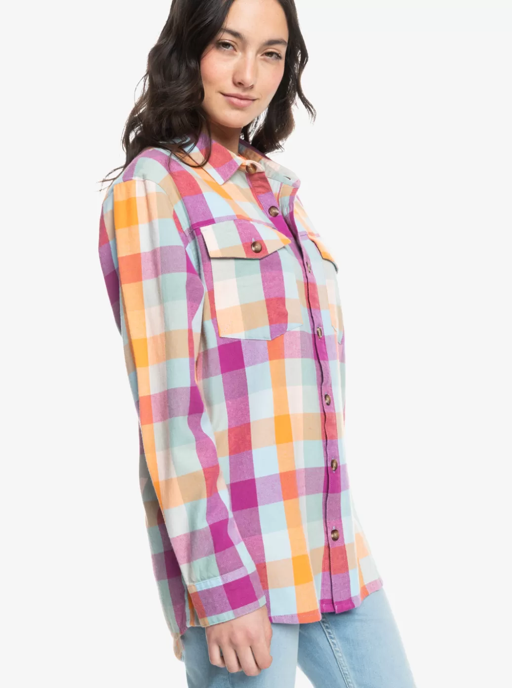 Tops | WOMEN ROXY Let It Go Flannel Long Sleeve Shirt Blue Surf Plaidodo