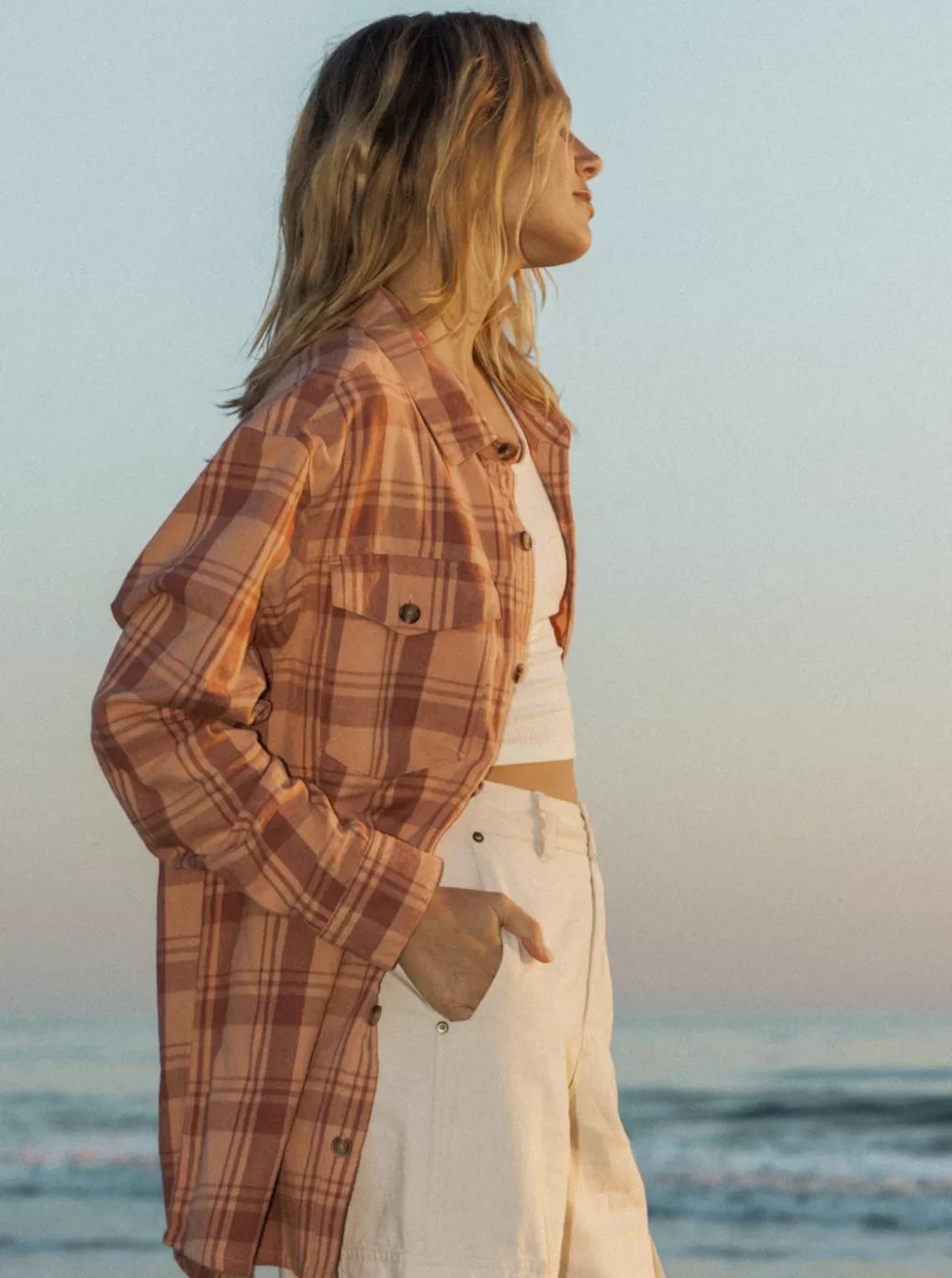 Tops | WOMEN ROXY Let It Go Flannel Long Sleeve Top Cedar Wood Swell Check