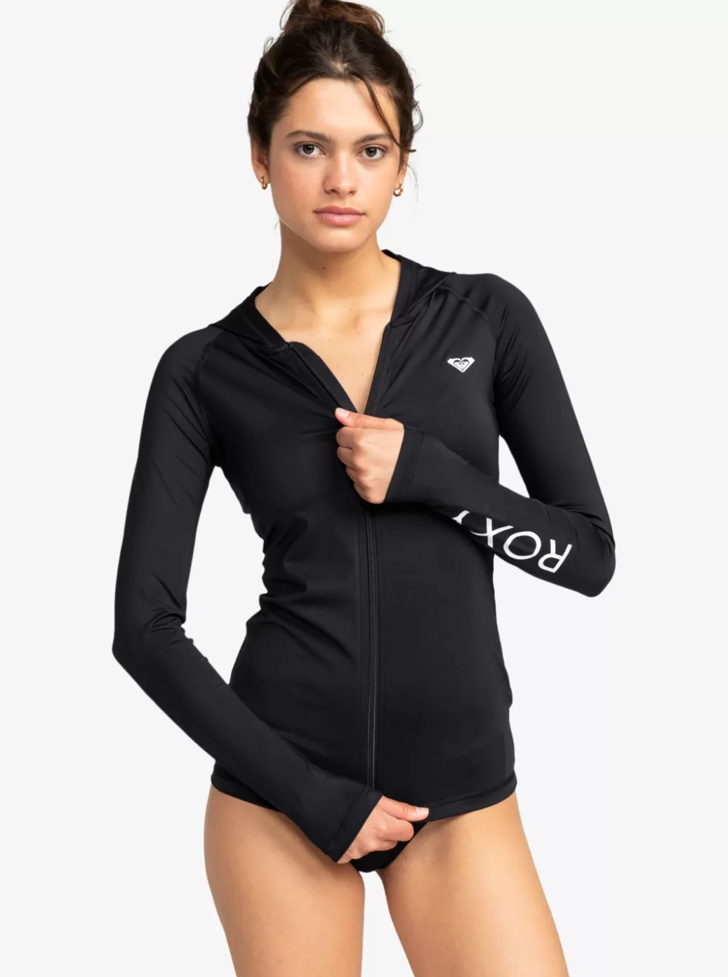 Rashguards | WOMEN ROXY New Essentials Hooded Long Sleeve Zip-Up Rashguard Anthracite