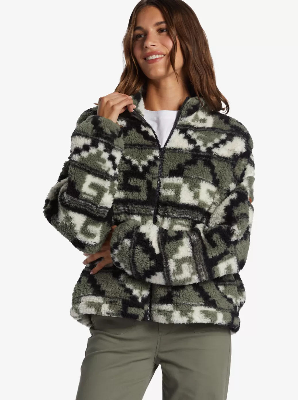Jackets | WOMEN ROXY Off The Wave Sherpa Printed Full-Zip Fleece Agave Green Taos Geo