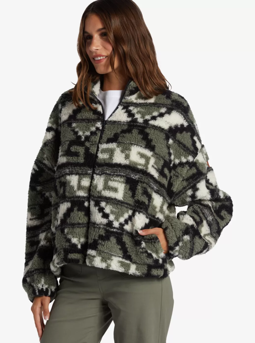 Jackets | WOMEN ROXY Off The Wave Sherpa Printed Full-Zip Fleece Agave Green Taos Geo