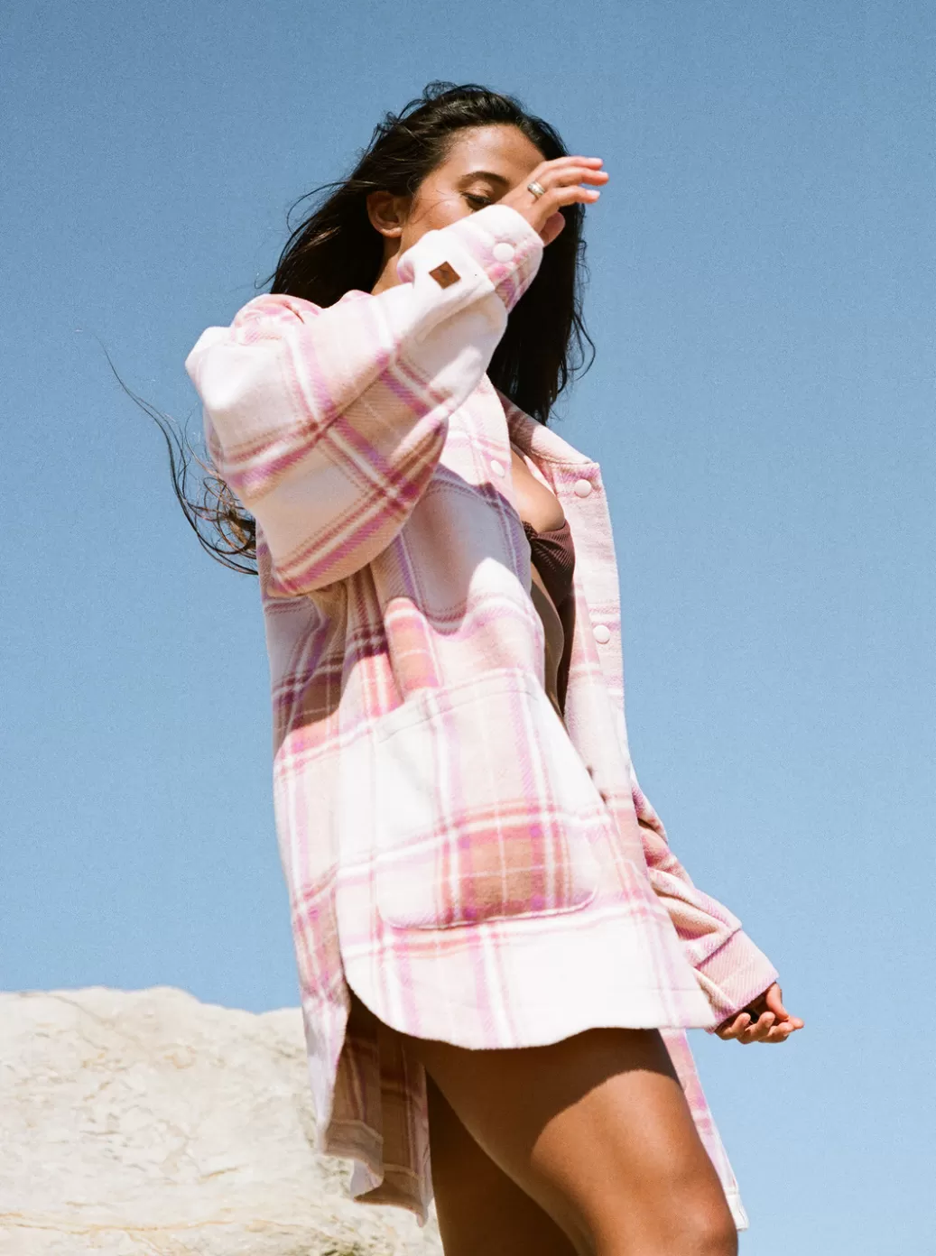 Jackets | WOMEN ROXY Ring Tone Fleece Overshirt Dusty Coral Decke Plaid