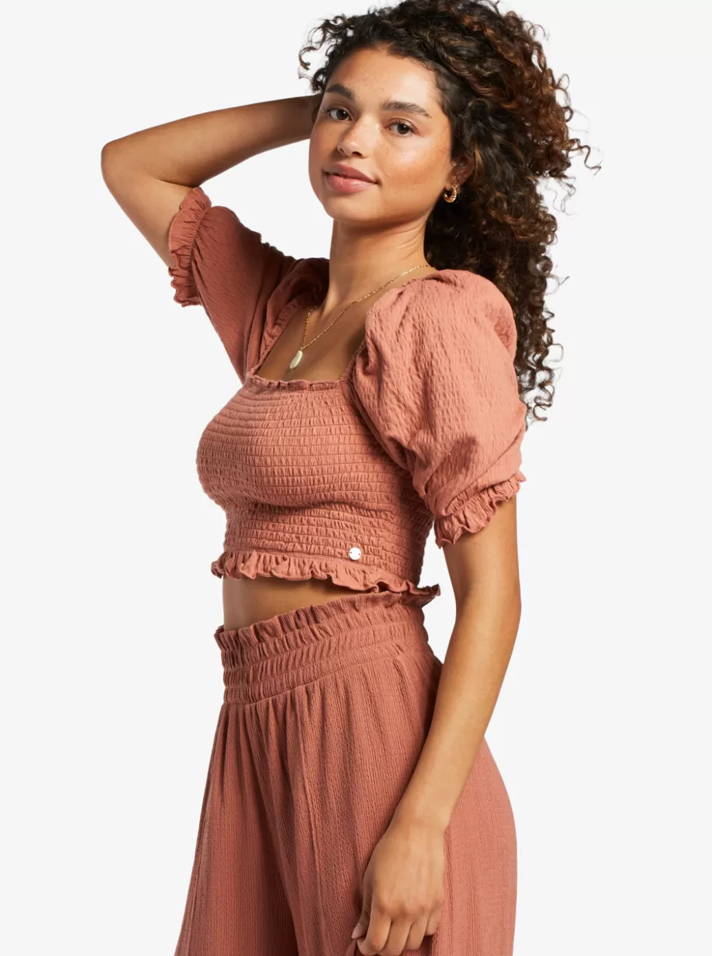 Tops | WOMEN ROXY Sunset Walks Puff Sleeve Crop Top Cedar Wood
