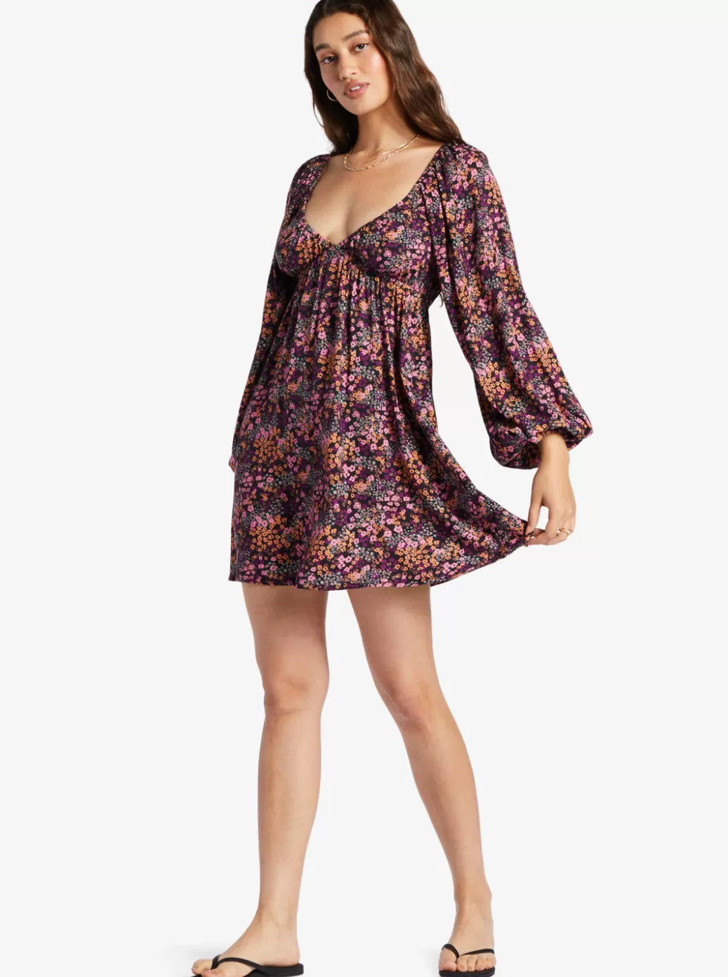 Dresses | WOMEN ROXY Sweetest Shores Puff Sleeve Dress Anthracite Floral Daze