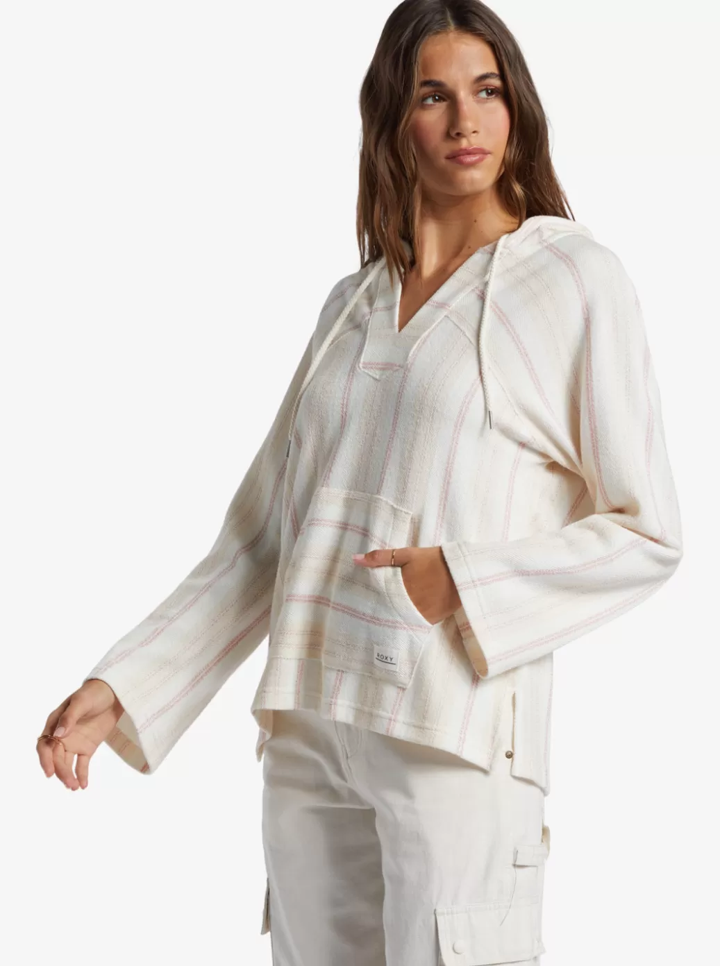 Loungewear | Sweaters | Fleece & Hoodies | WOMEN ROXY Wild And Free Poncho Style Hoodie Ash Rose Low Tide Stripe